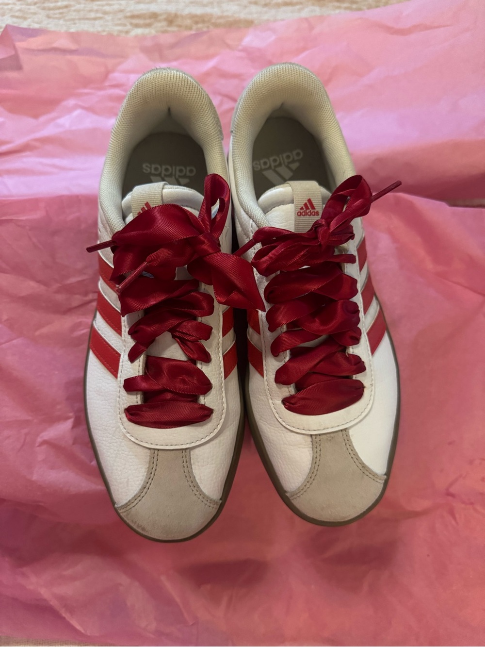 adidas White Sneakers with Red Stripes and Ribbon Laces